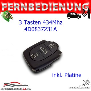 Ersatz Fernbedienung geeignet fr Audi - 3 Tasten 434MHz, 4D0837231A, A Typ A3, A4, A6, A8, TT, RS4