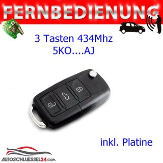 Ersatz Fernbedienung geeignet fr Volkswagen - 3 Tasten 434MHz, MQB AES Transponder (id88) 5KO837202BH